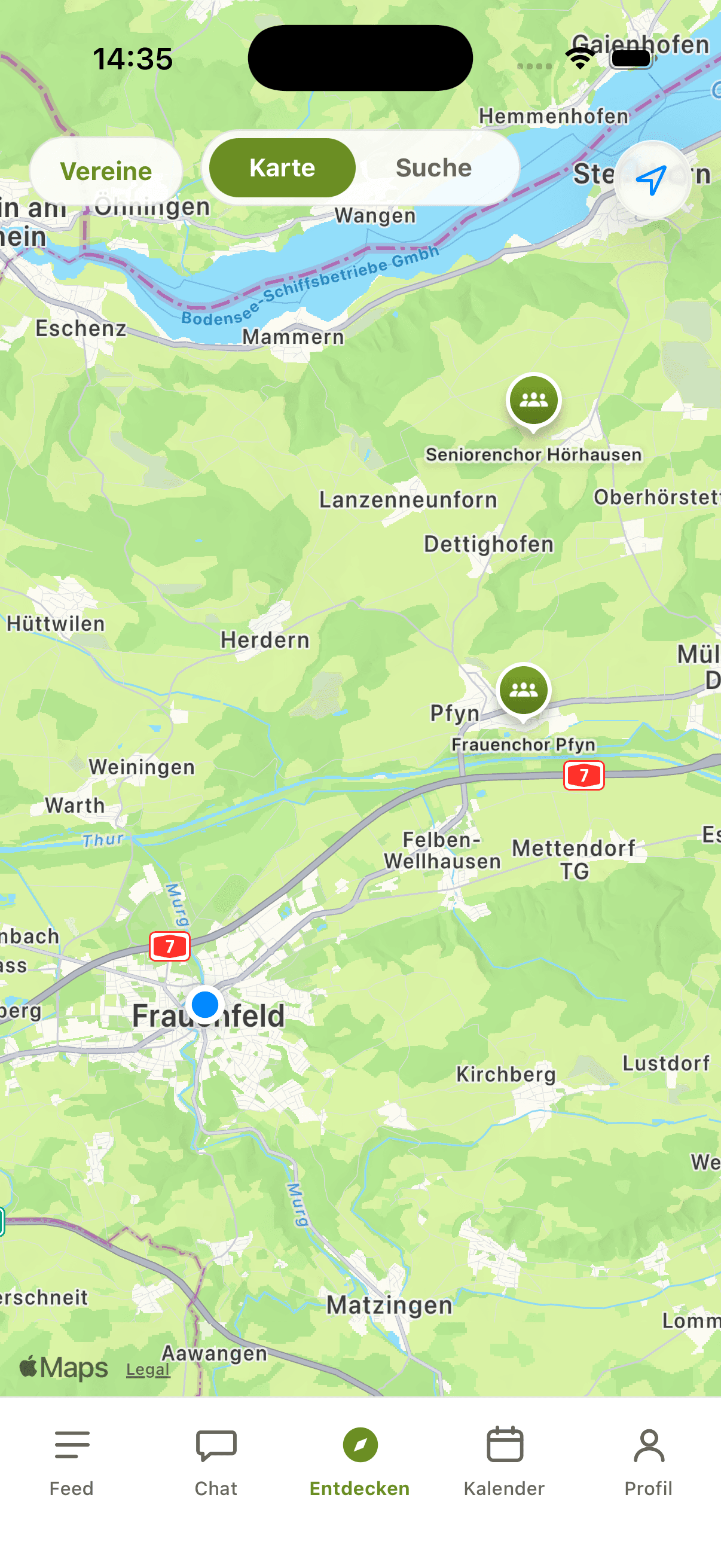 Die Entdecken-Karte in der Vereinly-App mit Vereinen aus der Region
