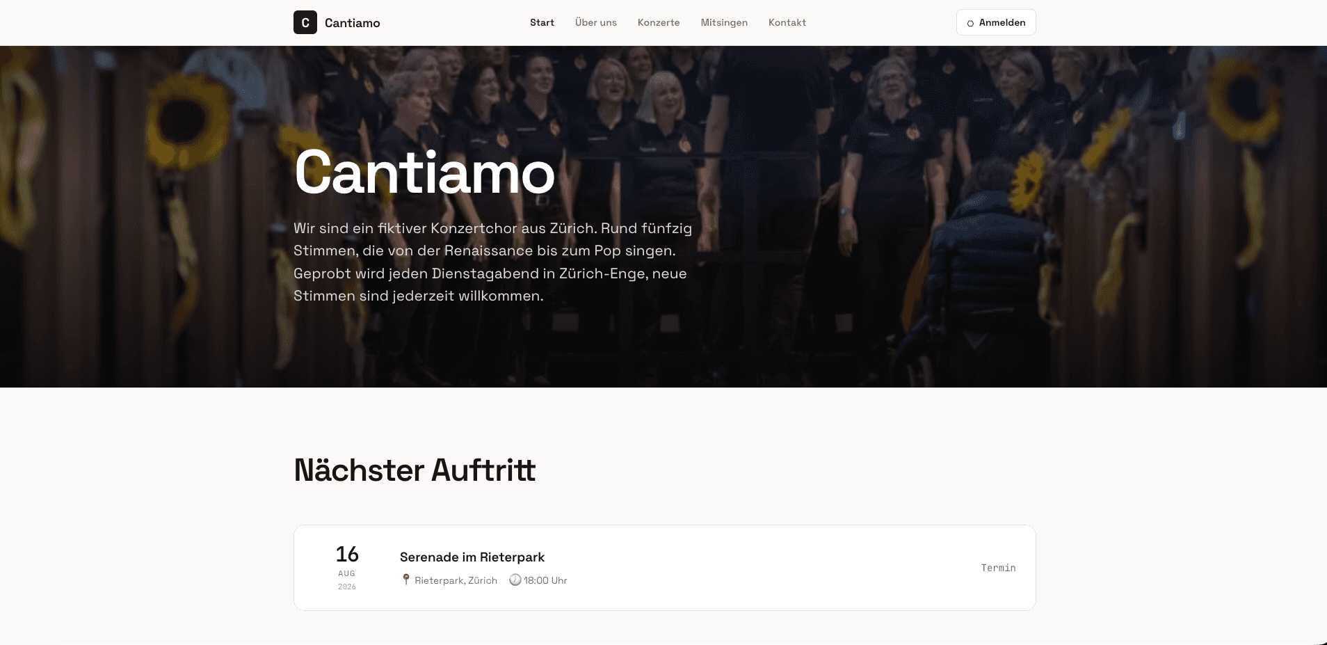 Die mit Vereinly gebaute Website des Konzertchors Cantiamo