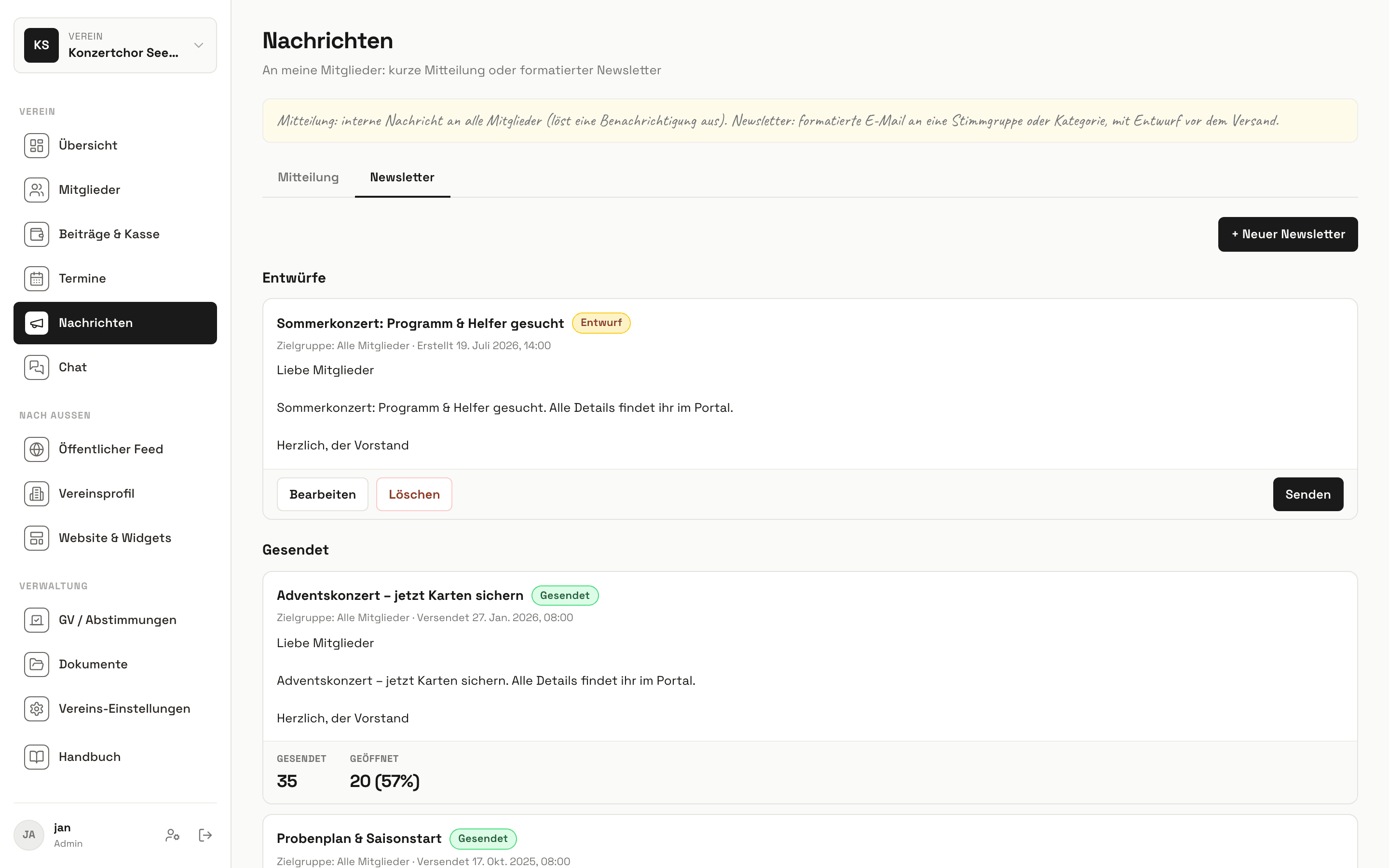 Newsletter in Vereinly mit Entwurf, gesendeten Ausgaben und Öffnungsrate