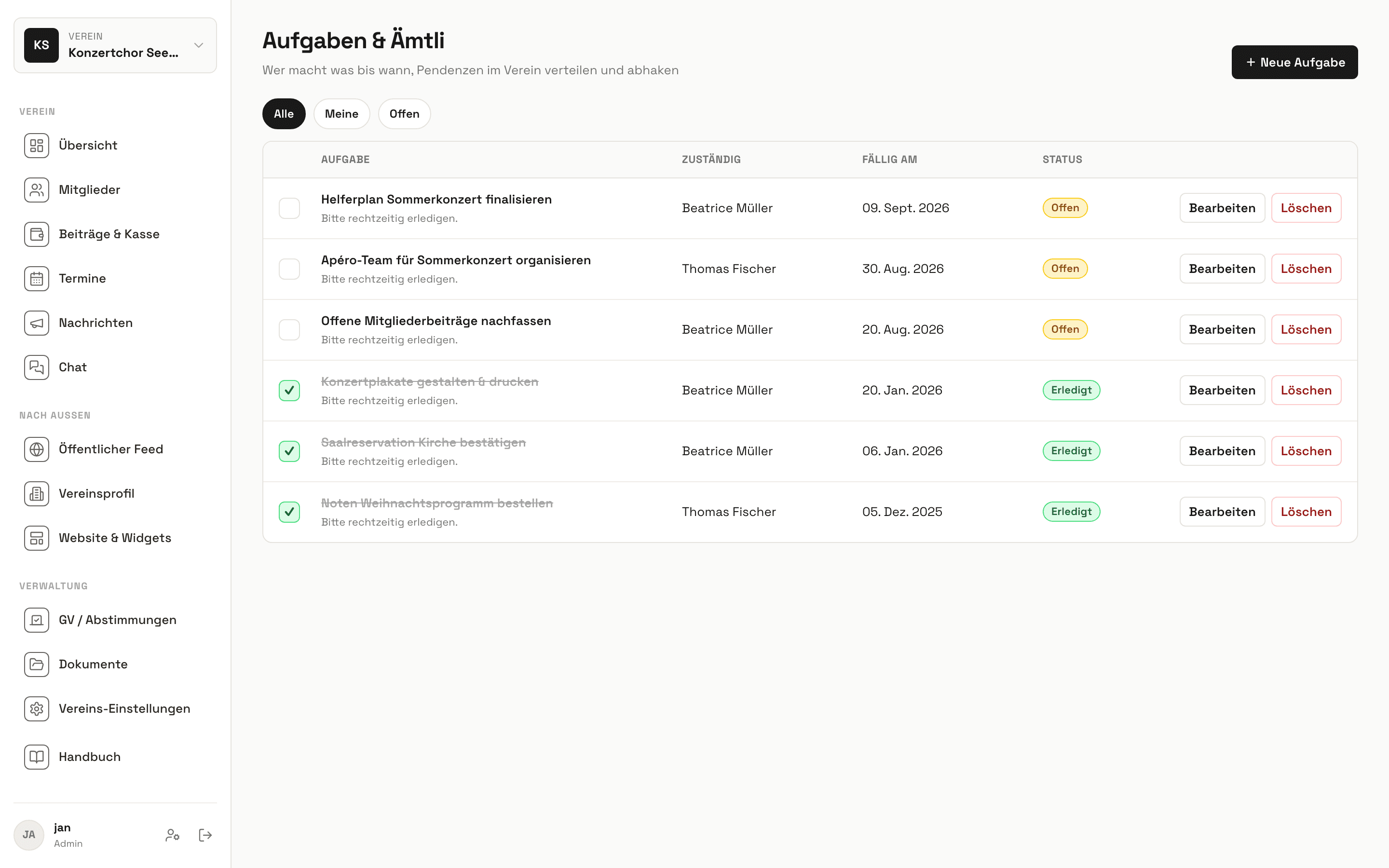 Aufgabenliste in Vereinly mit Zuständigen, Fälligkeiten und Status